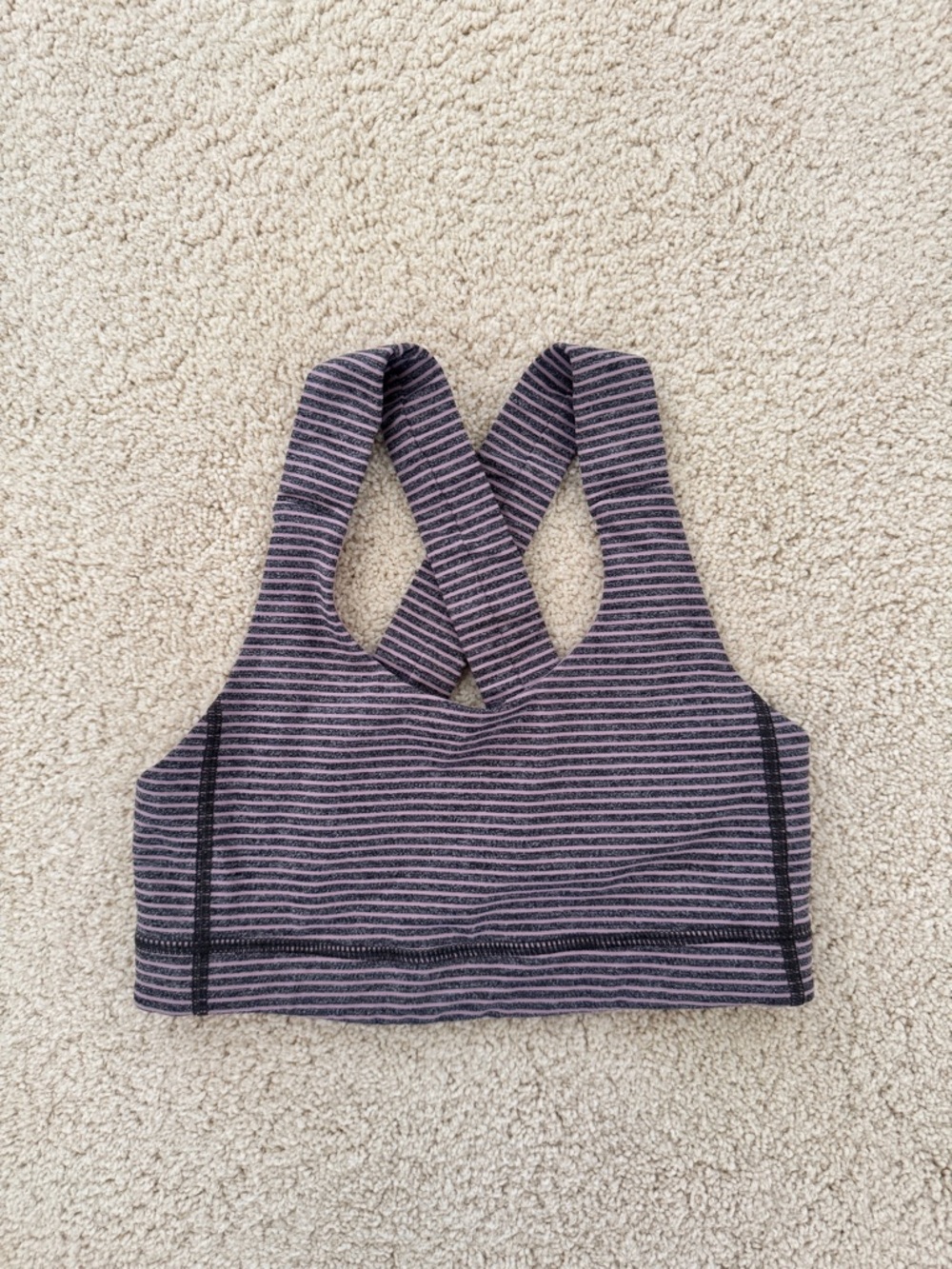 Lululemon Striped Crisscross Sports Bra in Heathered Purple and Gray